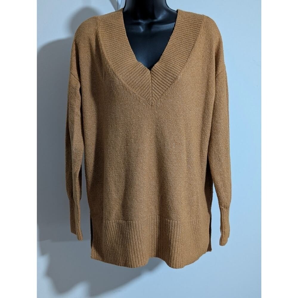 a.n.a Goldenrod Yellow Oversized Knit V Neck Pullover Sweater Ribbed Trim Large